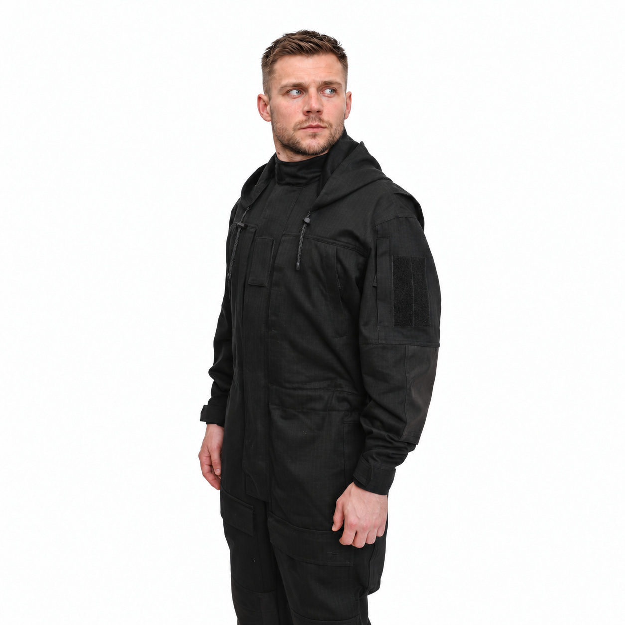 Coveralls 016-1 — front detail — hood down