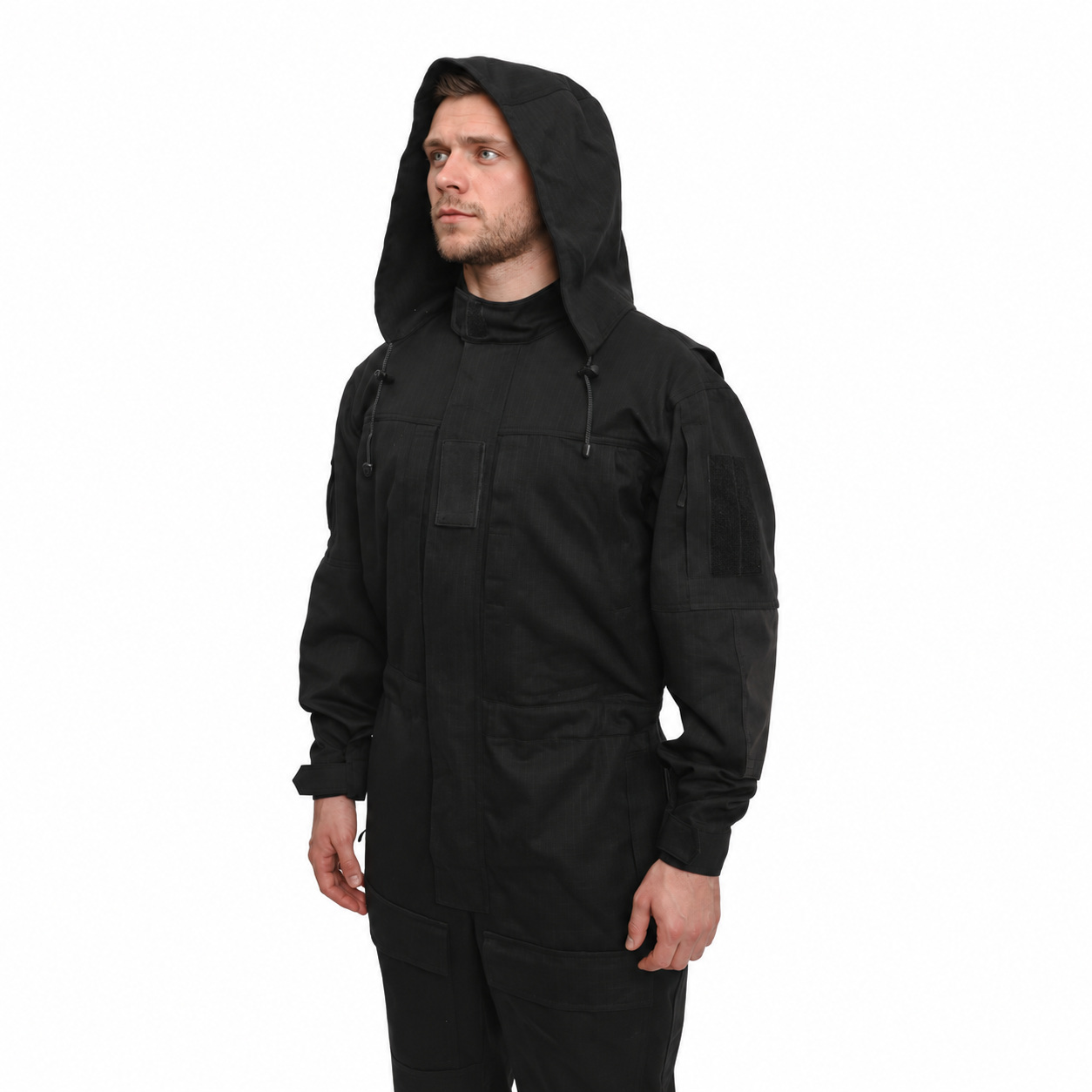 Coveralls 016-1 — front detail — hood up