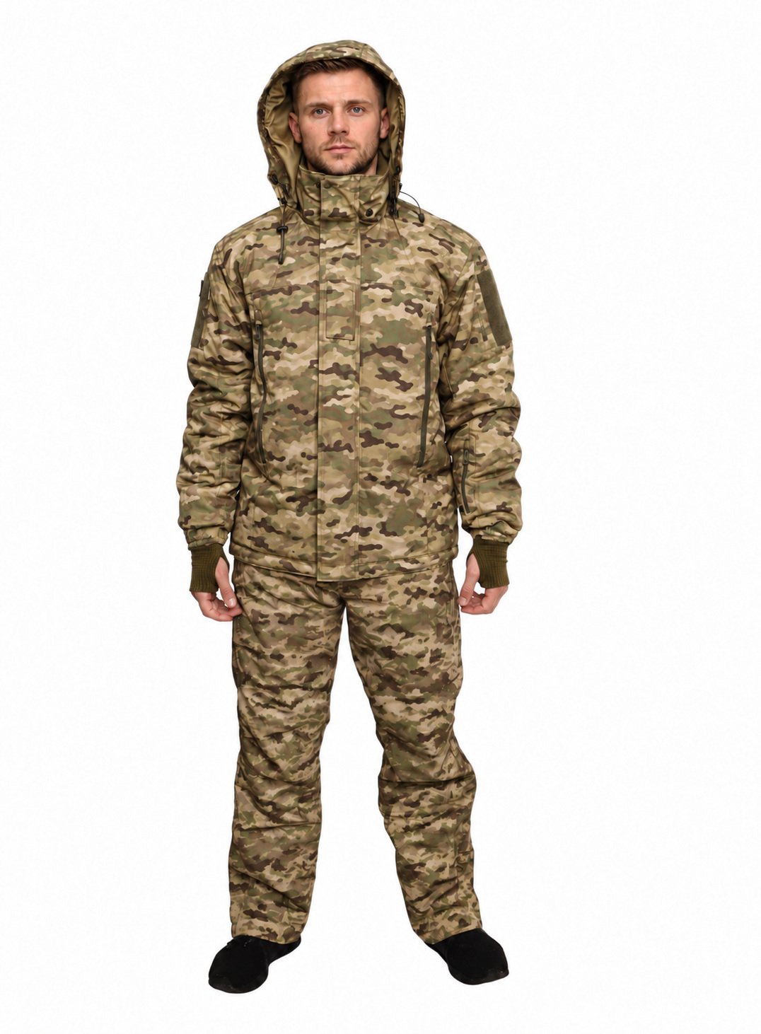 Winter jacket 018-1 in MultiCam — front — hood up