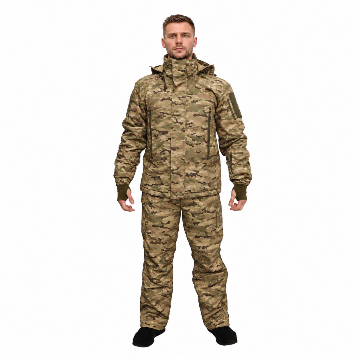 Winter jacket 018-1 in MultiCam — front — hood down