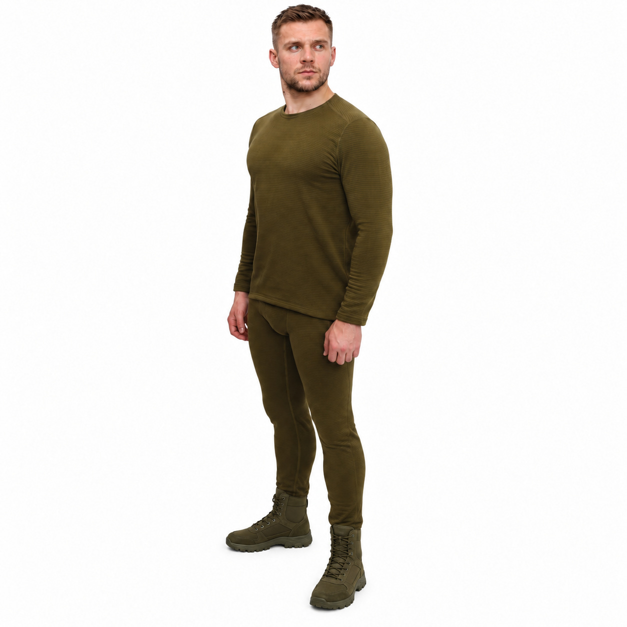 Olive knitted winter underwear set 012-1 — three-quarter view