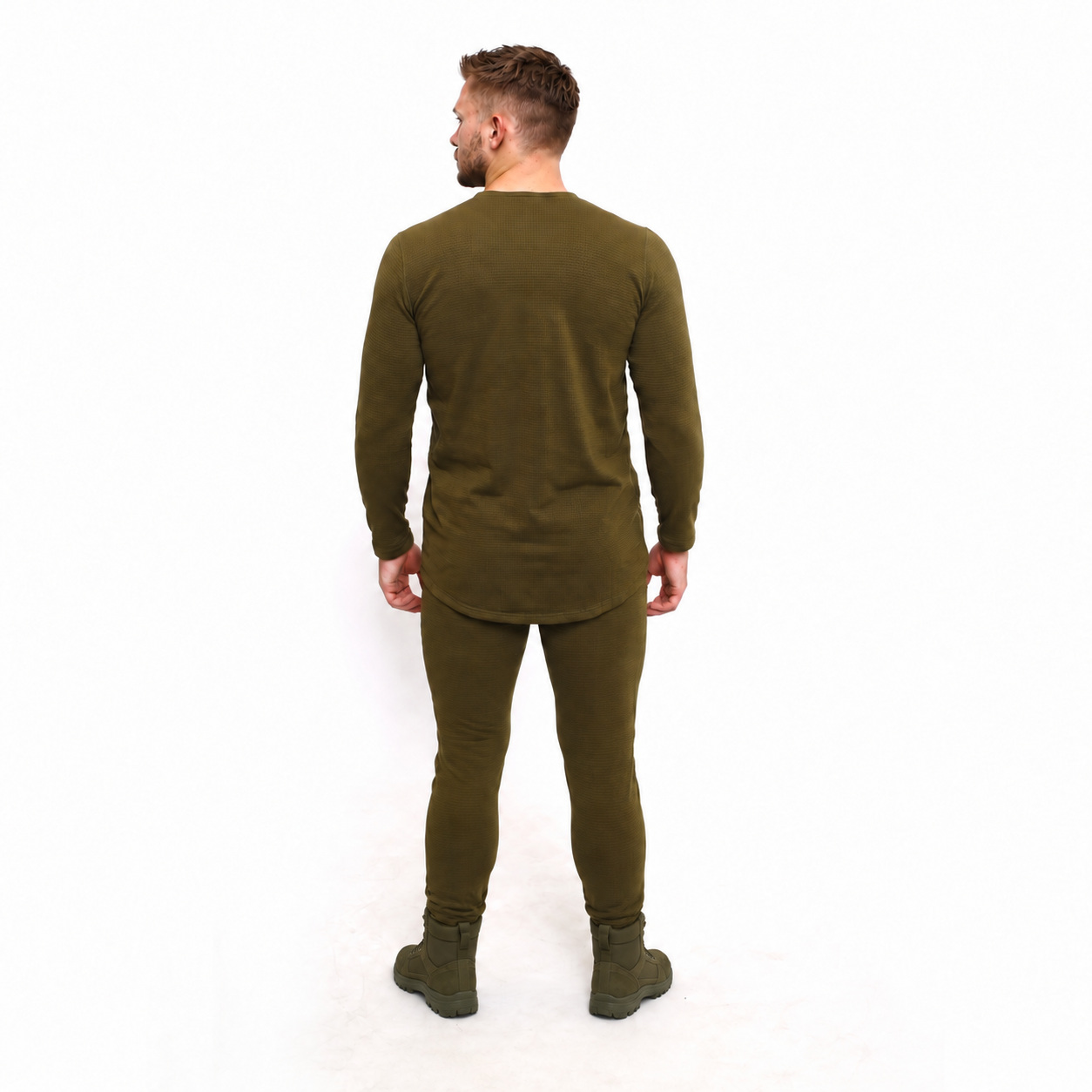 Olive knitted winter underwear set 012-1 — full-length back view